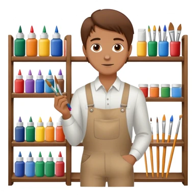 a white  salesman with brown hair standing next to a shelf where paints, brushes, and pencils are placed sticker