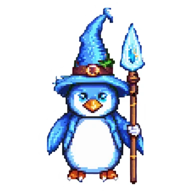 penguin wizard with a staff pixel art sticker