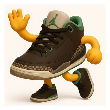 Create a sneaker character in a dancing pose with arms and legs, inspired by the reference image, in a 3D emoji style. The style should resemble Microsoft style 3D fluent emojis with a lively and rhythmic pose. sticker