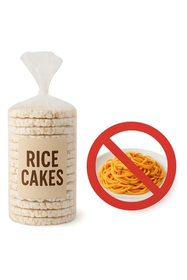 confezione di gallette di riso con accanto un piatto di pasta con divieto sopra, in italiano,  realistici sticker