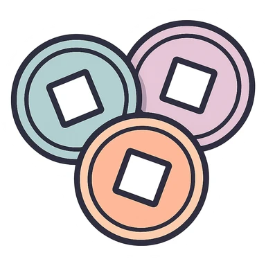 three Chinese coins with square holes, icon-color-outlined style, no red thread, detailed shadows and highlights, thin clean contours, soft rounded shapes, pastel palette #98B5BC, #B5B3C1, #C9A3C9, #E4C0CA, #F7DCD1, #F7C0AA, modern Japanese pop art and sticker aesthetic, high detail, vector sharpness, soft lighting, transparent background sticker