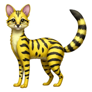 Lanky slender beautiful elegant spotted hype-realistic, black-maned, vibrant yellow Genet-Serval-Civet-fusion-hybrid-furry-fursona, full body, with a long puffy fluffy black-and-white-striped tail sticker