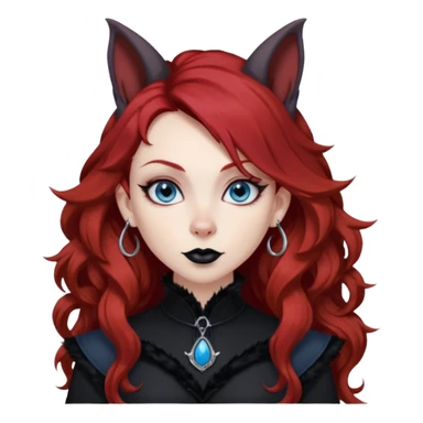  long curly red hair (darker), red pointed ears with black trim, black goth outfits, body and face human, blue eyes, more pointy chin, black lipstick, big fluffy red squirrel tail with black tips, like the attached photo with more outfits and poses,  sticker