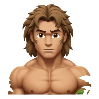 Cinematic Realistic Tarzan Portrait, depicted with lifelike, sun-kissed skin and a robust, muscular form that speaks of raw, untamed power. His piercing, soulful eyes and rugged yet gentle expression are framed by tousled hair, while a backdrop of lush jungle foliage and soft, natural lighting accentuate his primal grace and approachable strength. sticker