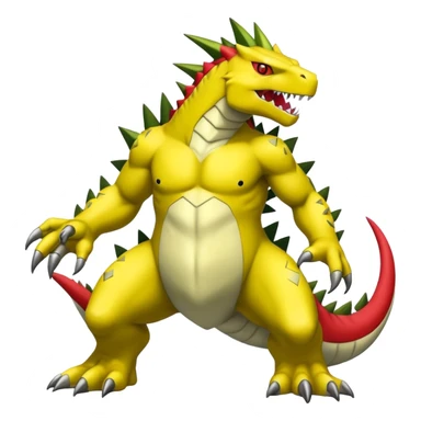 Cool edgy shiny Guilmon-Tyranitar-Drudigon-Digimon-hybrid-fusion, yellow belly, full body sticker