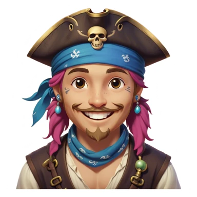 Clash of Clans aesthetic Playful Pirate Portrait Emoji, Head tilted with a roguish, cheeky grin and twinkling eyes, featuring a compact, spirited build with a jaunty hat and a quirky bandana, his natural skin tone evident, Simplified yet irresistibly charming features, highly detailed, glowing with a warm, inviting oceanic glow, high shine, spirited and lively, stylized with an air of whimsical maritime mischief, soft glowing outline, capturing the essence of a playful pirate exuding friendly rogue charm! sticker