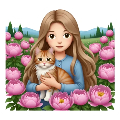 A long haired girl holding a long haired tabby in peony sticker