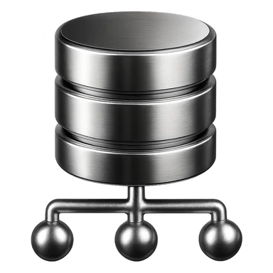 chrome database cylinder with network nodes, representing efficient and scalable database solutions, sleek, modern sticker