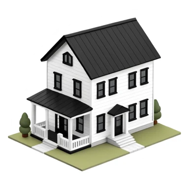 modern farmhouse dollhouse, white with black trim and wooden accents, 3d isometric  sticker