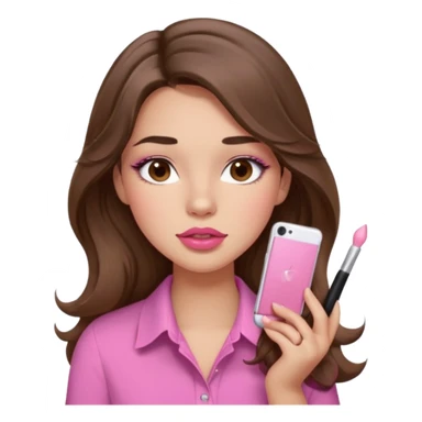 girl with long wavy brown hair, brown eyes, light to medium complexion, in a pink shirt, pink lips, long lashes, puckered lips, putting on blush sticker