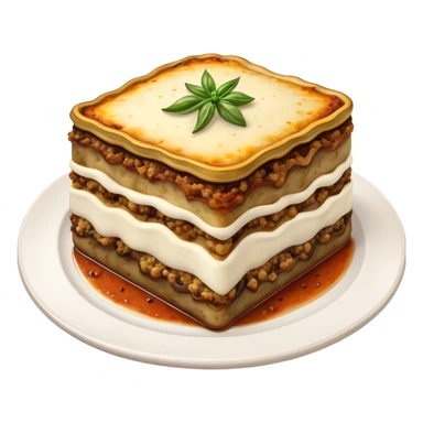 Moussaka Cinematic Realistic Moussaka Dish Emoji, depicted as a rustic serving of moussaka with layers of soft eggplant, ground meat, and a creamy topping featuring a delightfully crispy corner, rendered with rich textures and warm, inviting lighting. sticker