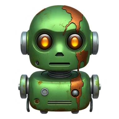 make a tired old robot emoji, covered in green sludge, 2d sticker