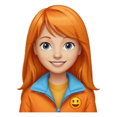 Create a custom emoji-style character inspired by a smiling woman with long orange hair and bangs, light skin tone, light blue eyes, and wearing an orange jacket sticker