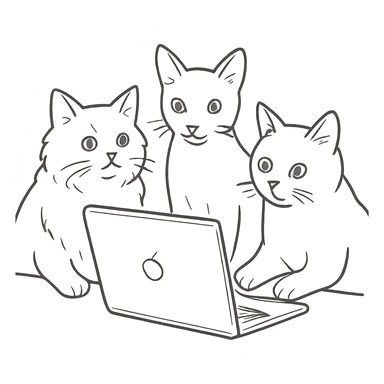 three cats at a computer, hand-drawn outline style sticker