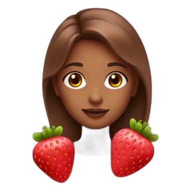 A girl with strawberries, wearing pink, with brown hair and cute makeup sticker