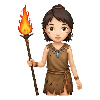 ancient girl, tattered animal skin cloth, hold fire stick sticker