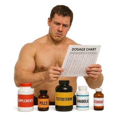realistic inexperienced bodybuilder consulting complicated dosage chart, surrounded by bottles with different labels, puzzled expression, swollen but undefined muscles, white background, 4K quality sticker