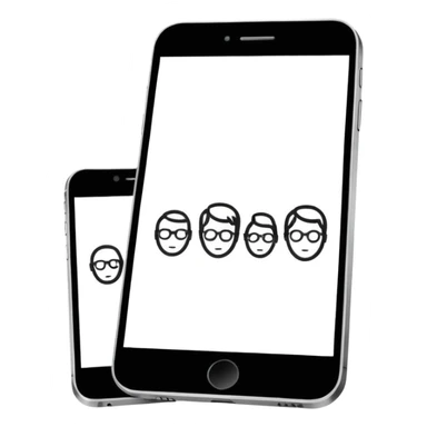 Minimalistic flat vector icon, iOS style, thin black contour on white background. Three small developer silhouettes around a smartphone with code brackets <>. Clean, no text, no shadows. sticker