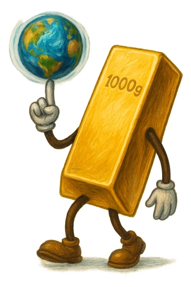 В cлегка рисованной, но при этом объемной и яркой стилистике сгенерируй картинку где фотореалистичный слиток золото с руками и ногами, но при этом без лица, в одной руке он на указательном пальце держит землю с эффектом размытия, как баскетбольный мяч, прозрачный фон sticker