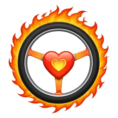 a car wheel on fire, and in the center of the wheel (instead of the car icon) there is a red flaming heart sticker