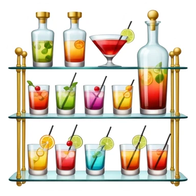 A glass shelf filled with cocktail bottles and fancy drinking glasses.
 sticker