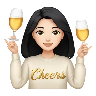 A woman with shoulder-length black hair, light to medium skin tone, full cheeks, and almond-shaped eyes, wearing a white sweater with the word 'cheers' in gold script, lying comfortably on a bed with soft lighting, joyful and radiant expression. sticker