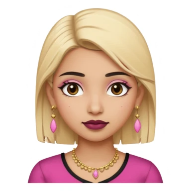 Sweet Indian girl blonde hair darkbrow  eyes brown lipstick, pink blush, black top gold earrings, brown eyebrows  sticker