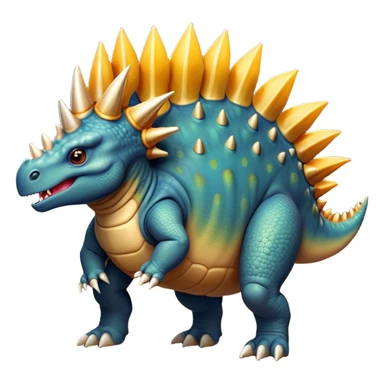 Cinematic Noble Stegosaurus Portrait Emoji, Poised and dignified, with a sturdy, low-slung body adorned by a distinctive row of bony plates along its back and a spiked tail, a small, determined head with observant eyes, Simplified yet sharply defined features, highly detailed, glowing with a soft, earthy radiance, high shine, intelligent and resolute, stylized with an air of ancient armored majesty, focused and alert, soft glowing outline, capturing the essence of a watchful and confident Stegosaurus that appears ready to lumber out of the screen with effortless authority! sticker
