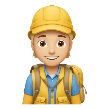 Cartoon explorer wearing a yellow cap and yellow backpack, casual outdoor outfit sticker