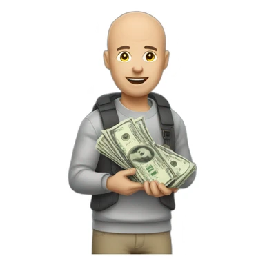 a bald guy holding a $ moneybag sticker
