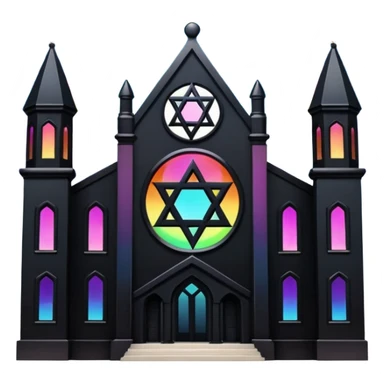 jewish synagogue temple in dark goth aesthetic style with black building and light rainbow tint glass windows and star of david and celestial symbolism sticker