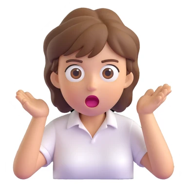 3D emoji style character with short tousled brown hair, surprised expression, wearing a white shirt, light background sticker