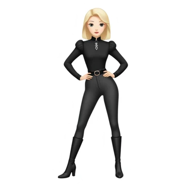 girl with oval-shaped flat-top head wearing tight black pants and black medieval high-heeled boots sticker