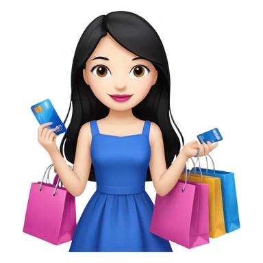 Girl with long black hair, pink lipstick, brown eyes holding shopping bags and blue credit card and wearing a dress  sticker