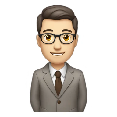 Pale skinned fit man with dark brown hair in gray jacket, beige office shirt, brown tie, brown pants and vintage glasses Writing text on a flipchart sticker