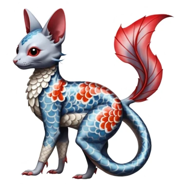 Japanese oriental Asian Edgy badass swimmy wet painted intricate ornate Japanese Asian koi-Minccino-Lykoi-Emolga-Sphynx-Linoone-Zangoose-fusion-hybrid-animal-Fakémon-creature, full body, thin long sleek scaly tail, intricate markings sticker