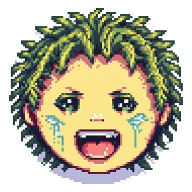 pixel art of a face with a manic grin and crying, tears and wild hair sticker