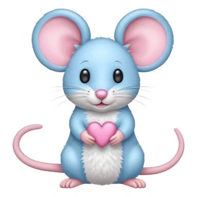 A small, light blue, fuzzy toy mouse with pink ears and a pink nose sticker