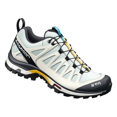 Minimalist iOS-style emoji of white Salomon XT-6 Gore-Tex shoes positioned as a pair with one behind the other, simple clean lines but recognizable technical hiking shoe details sticker
