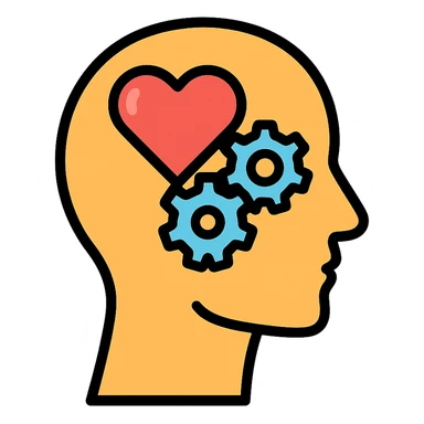 Vector illustration of a human head icon in profile view, with a heart or gears inside the head symbolizing emotional intelligence or cognitive processing. Clean and sharp lines, with subtle realistic shadows and glossy highlights for depth. Flat yet modern vector style. Transparent background sticker