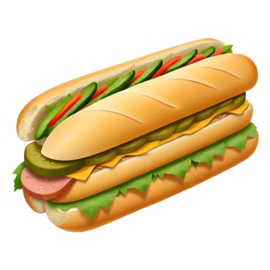 Cinematic Realistic B√°nh m√¨ Sandwich Dish Emoji, showcasing a crusty baguette filled with savory meats, pickles, and fresh herbs rendered with dynamic detail and appetizing lighting. sticker