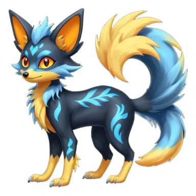 Lykoi-Fennekin-Electrike-Luxray-fusion-hybrid-animal-Fakémon-creature, full body, thin long sleek scaly tail, intricate markings sticker