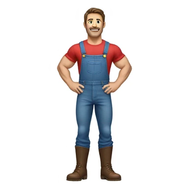 Muscular man with brown hair wear a red shirt and blue overalls sticker