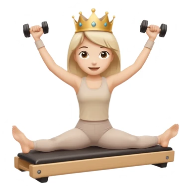 Sticker emoji of a girl doing Pilates arm exercises on a reformer, holding light dumbbells. Small crown, happy expression, beige outfit. Kawaii proportions, white outline, transparent background. sticker