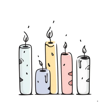 a group of candles of different heights, some lit with gentle flames, in pastel colors dd9fb0 ffc6d3 a3bfc9 c4bee2 f1b091, detailed hand-drawn doodle style sticker