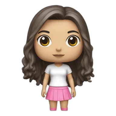 Japanese girl, 16, long hair, white T-shirt, pink miniskirt, funko pop sticker