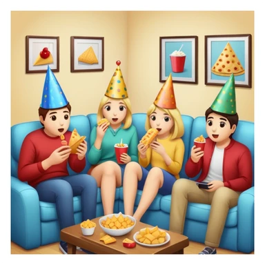 group of friends watching TV with snacks, party scene sticker