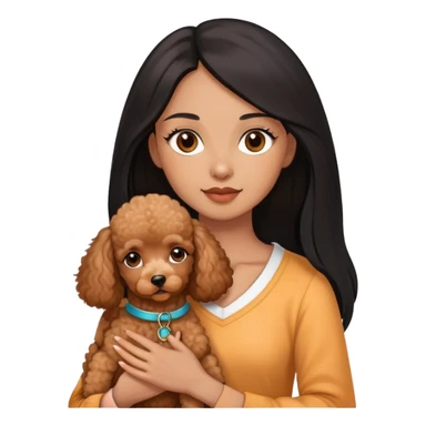 woman with  brown  skin,longblack straight hair and brown  eyes is holding a apricotpoodle puppy sticker