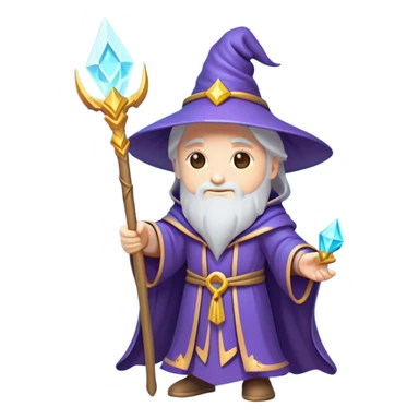 Clash of Clans aesthetic: Cinematic Playful Wizard Hero Emoji, rendered in a 3D vector-style similar to standard emojis with minimal shading and bold, simplified shapes. A compact, isometric figure draped in flowing enchanted robes and wielding a mystical staff, softly glowing with an arcane magical charm. Simplified yet unmistakably iconic, highly detailed and consistent, glowing with a soft radiant glow and high shine. Stylized with a touch of whimsical sorcery and a soft glowing outline, capturing the essence of a powerful wizard ready to cast spells with a friendly, playful spirit! sticker