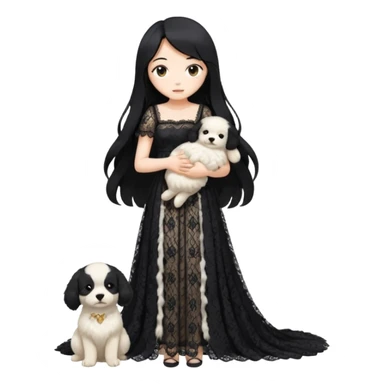 Pastel anime lady long hair with long lace dress full body holding puppy sticker
